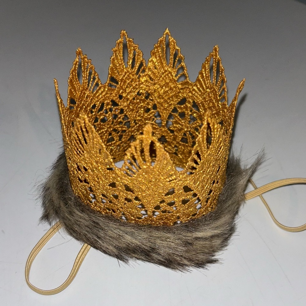 Gold Lace Crown with Faux Fur Trim